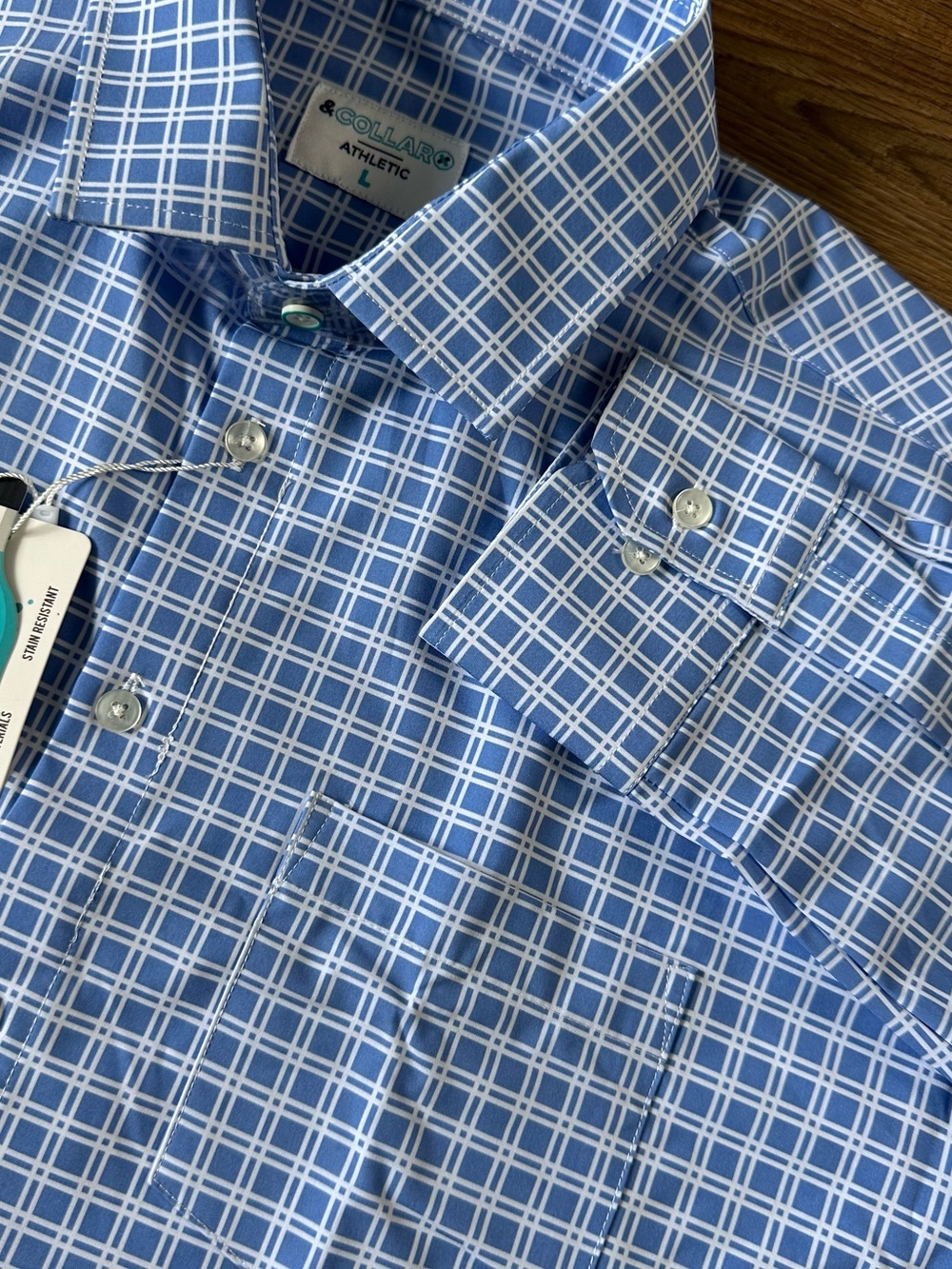 &Collar Range Performance Dress Shirt Button Athletic Fit Blue Check Men Large
